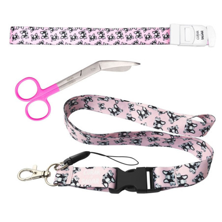 PACK LANYARD BULDOG ROSA + TIJERA + COMPRESOR